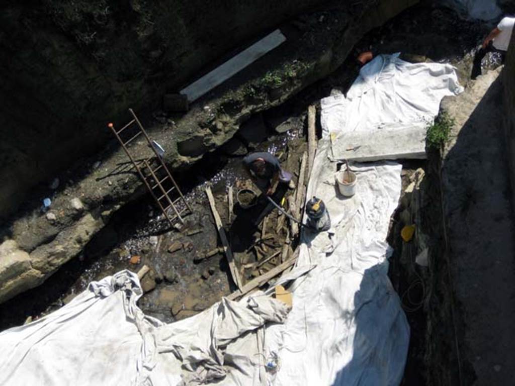 Ins. Or.1.2, Herculaneum. July 2009. Excavating on the original beach-front.
Looking down on the discovery of the remains of the collapsed roof of the house, most probably the roof of the marble room.
Massive wooden beams, up to 7m long, along with the smaller timbers and rafters were the first to be found.
Underneath the wooden roof timbers, the original roof tiles were found.
Photo courtesy of Sera Baker.
See Current World Archaeology magazine, issue 42, August/September 2010, article entitled “Raising the roof”, (p.43-45).
See Pesaresi, P. L’antica spiaggia, I lavori di risanamento dell’antica spiaggia e i primi passi verso la sua valorizzazione,
in Rivista di Studi Pompeiani, XXI, 2010, (p.153-4).
